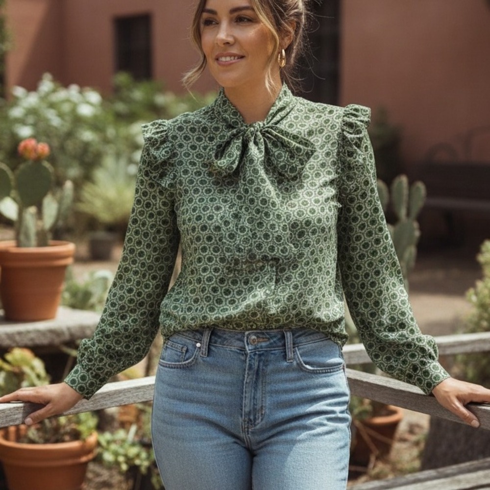 Happy Nature Geometric Print Ruffle Long Sleeve Top  Blouse Green Women's Large